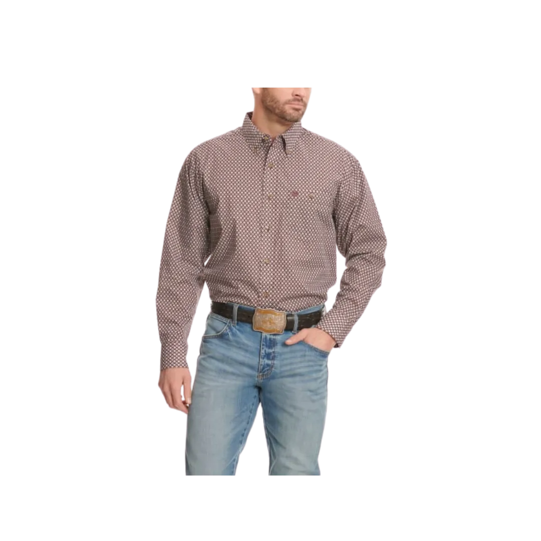 Wrangler Men's Merlot With Grey Stone Geo Print Long Sleeve Western Red Big Shirt