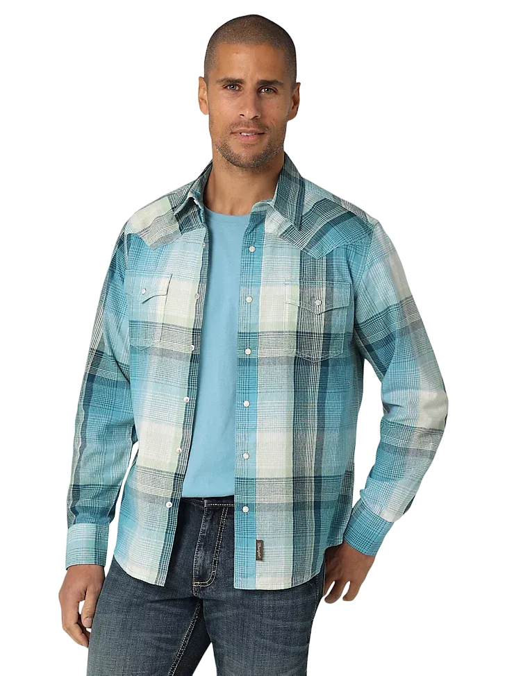 Wrangler Men's Retro Premium Long Sleeve Westerm Blue Shirt - Big