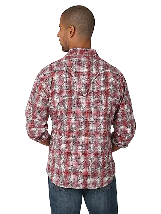 Wrangler Men's Rock 47 Long Sleeve Western Snaps Overprint Red Print Shirt