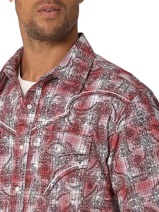 Wrangler Men's Rock 47 Long Sleeve Western Snaps Overprint Red Print Shirt