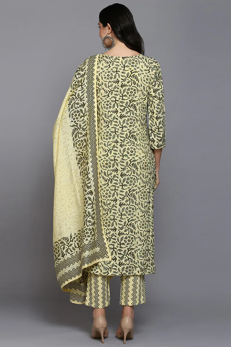 Yellow Silk Blend Floral Straight Suit Set