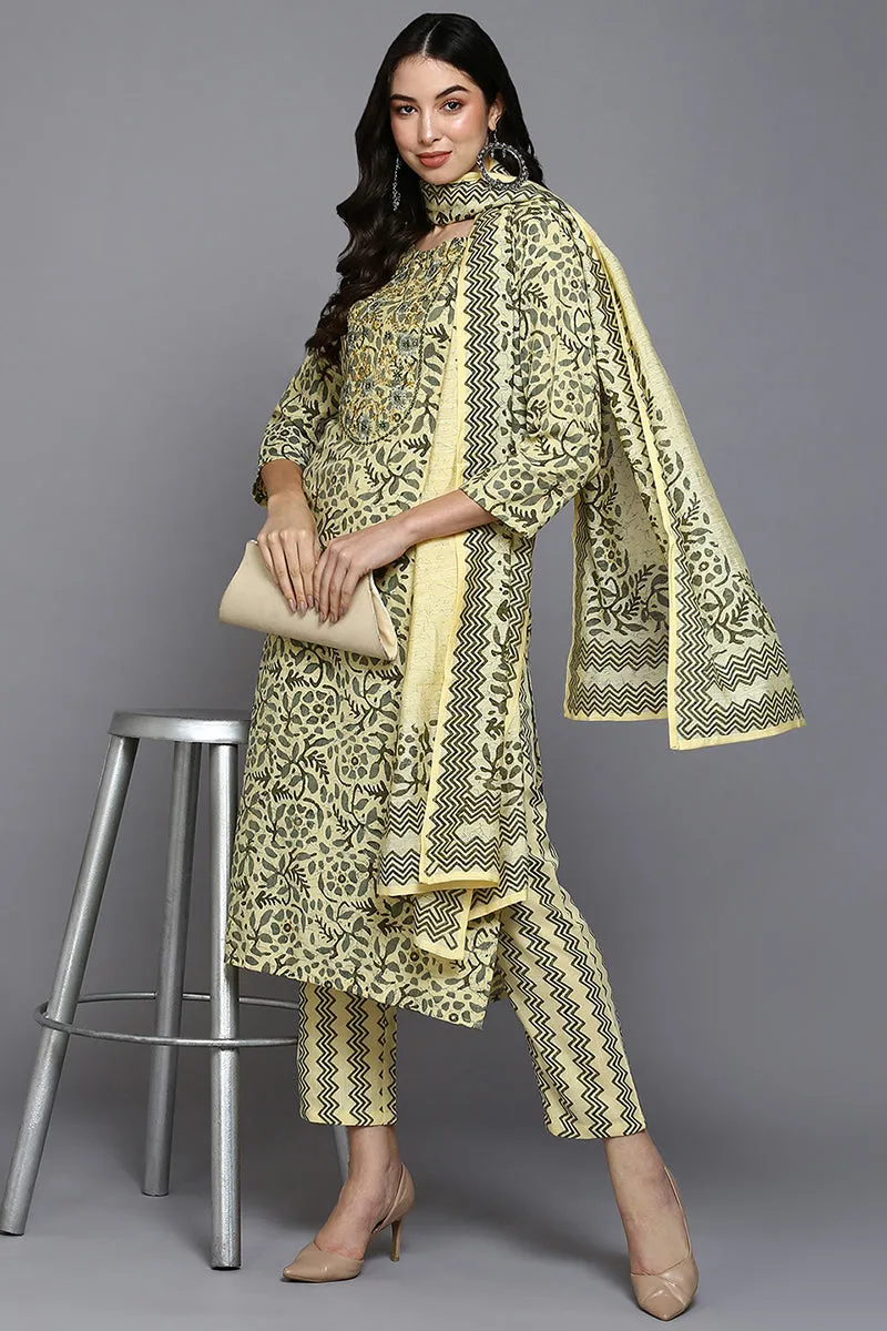Yellow Silk Blend Floral Straight Suit Set